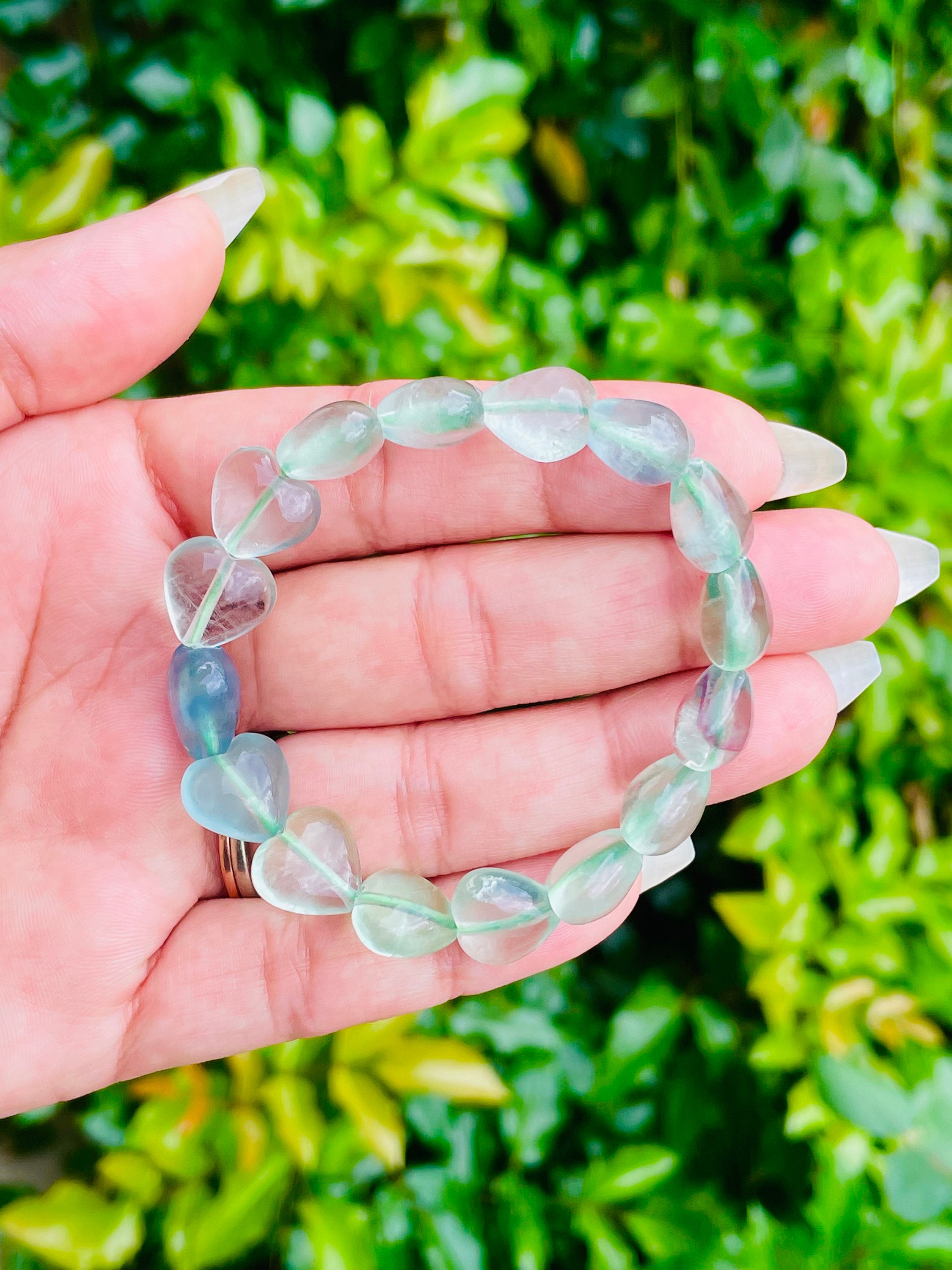 Green Fluorite Heart Stone Bracelet: Clear Blue Gemstone Jewelry