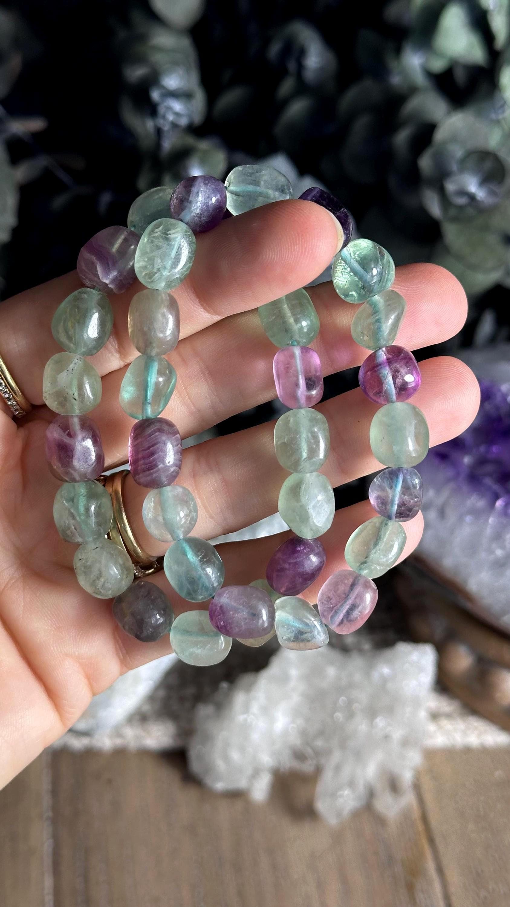 Tumbled Fluorite Bead Bracelet: Crystal Energy, Stretches To Fit