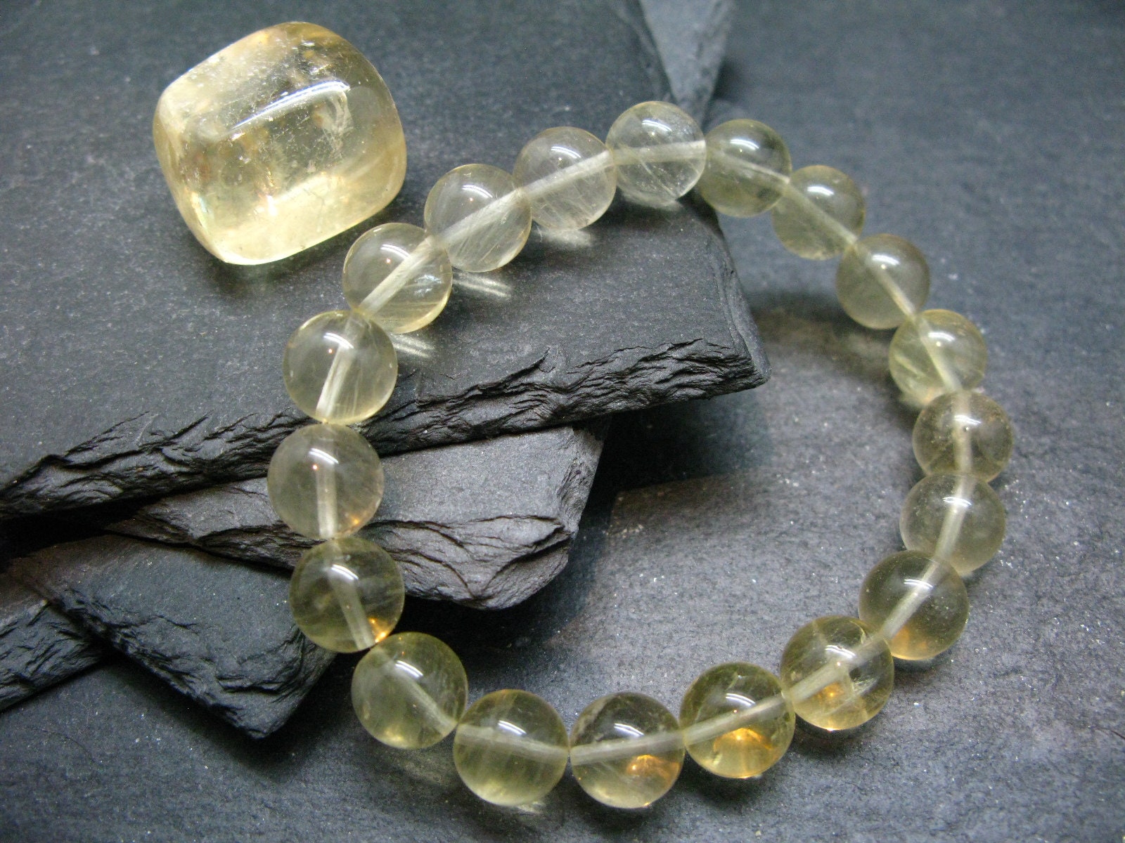 Yellow Fluorite Genuine Bracelet ~ 7 Inches  ~ 10mm Round Beads