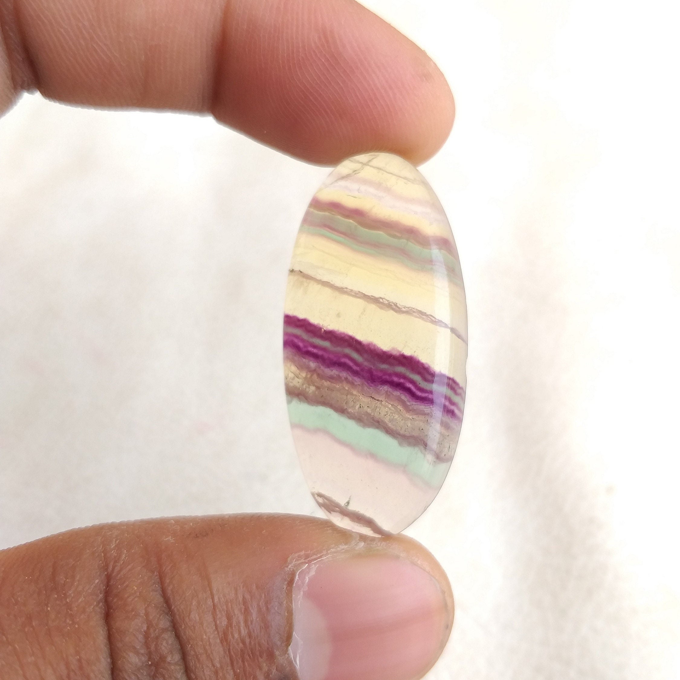 Oval Multi Fluorite Cabochon: Natural Gemstone For Jewelry Making (38x19x6 Mm, 39.6 Carat