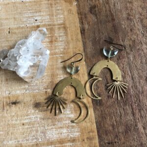 Celestial Brass Statement Earrings With Green Fluorite