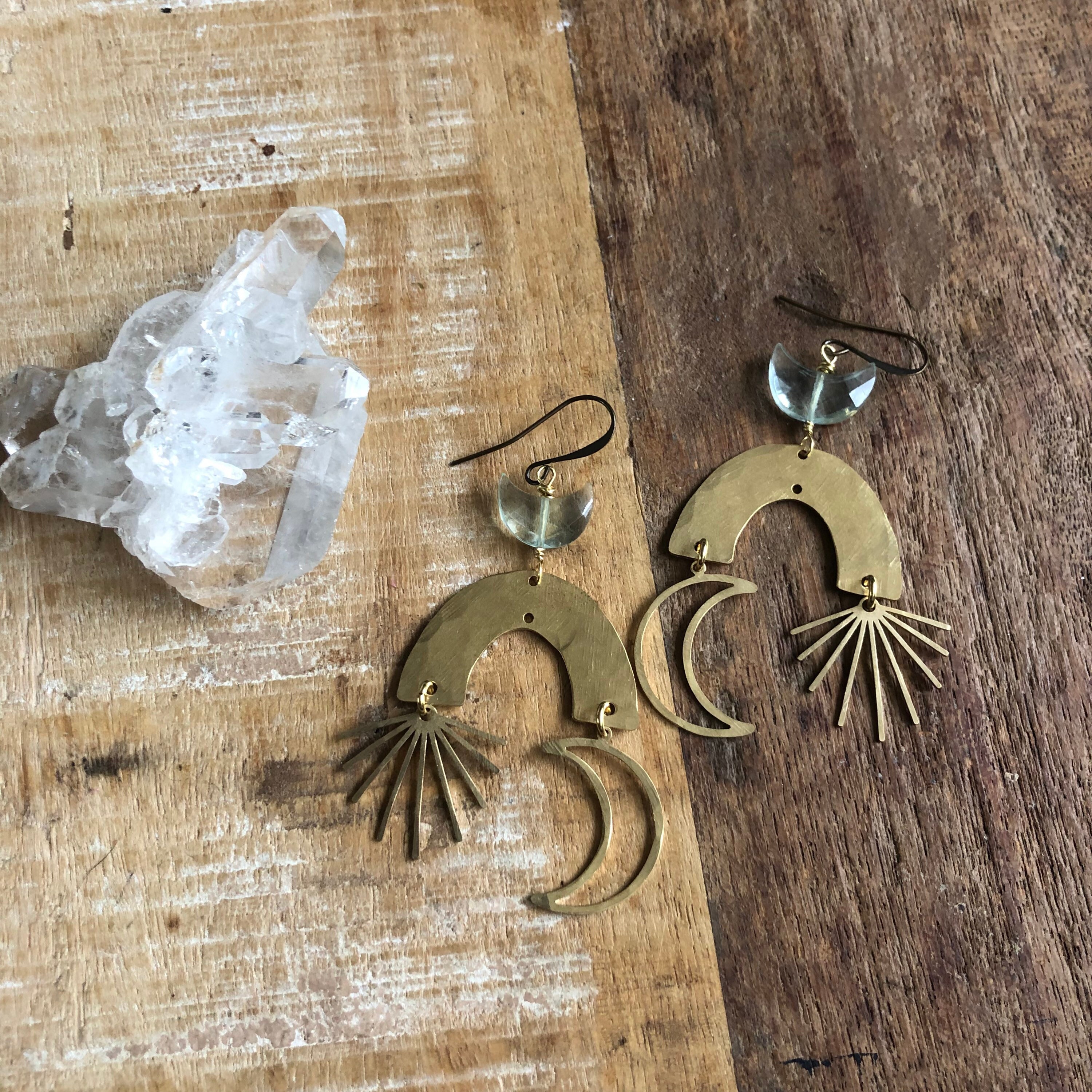 Celestial Brass Statement Earrings With Green Fluorite Celestial Brass Statement Earrings With Green Fluorite