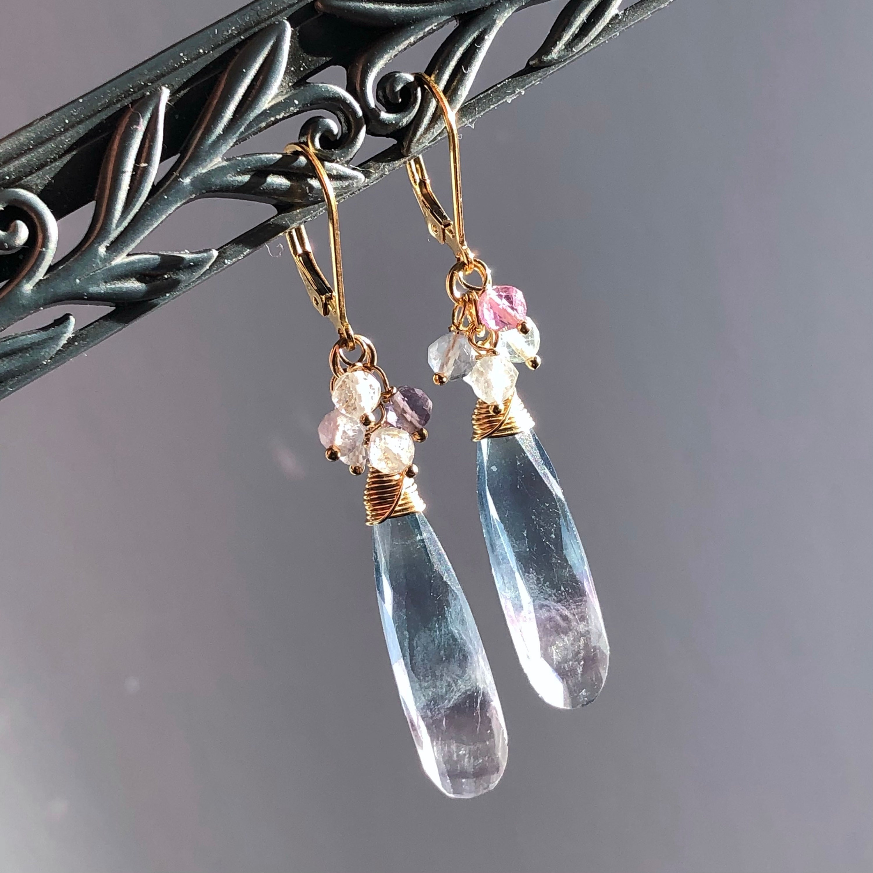 Fluorite Dangle Earrings, Gold Filled Wire Wrapped Gemstone Cluster 6283