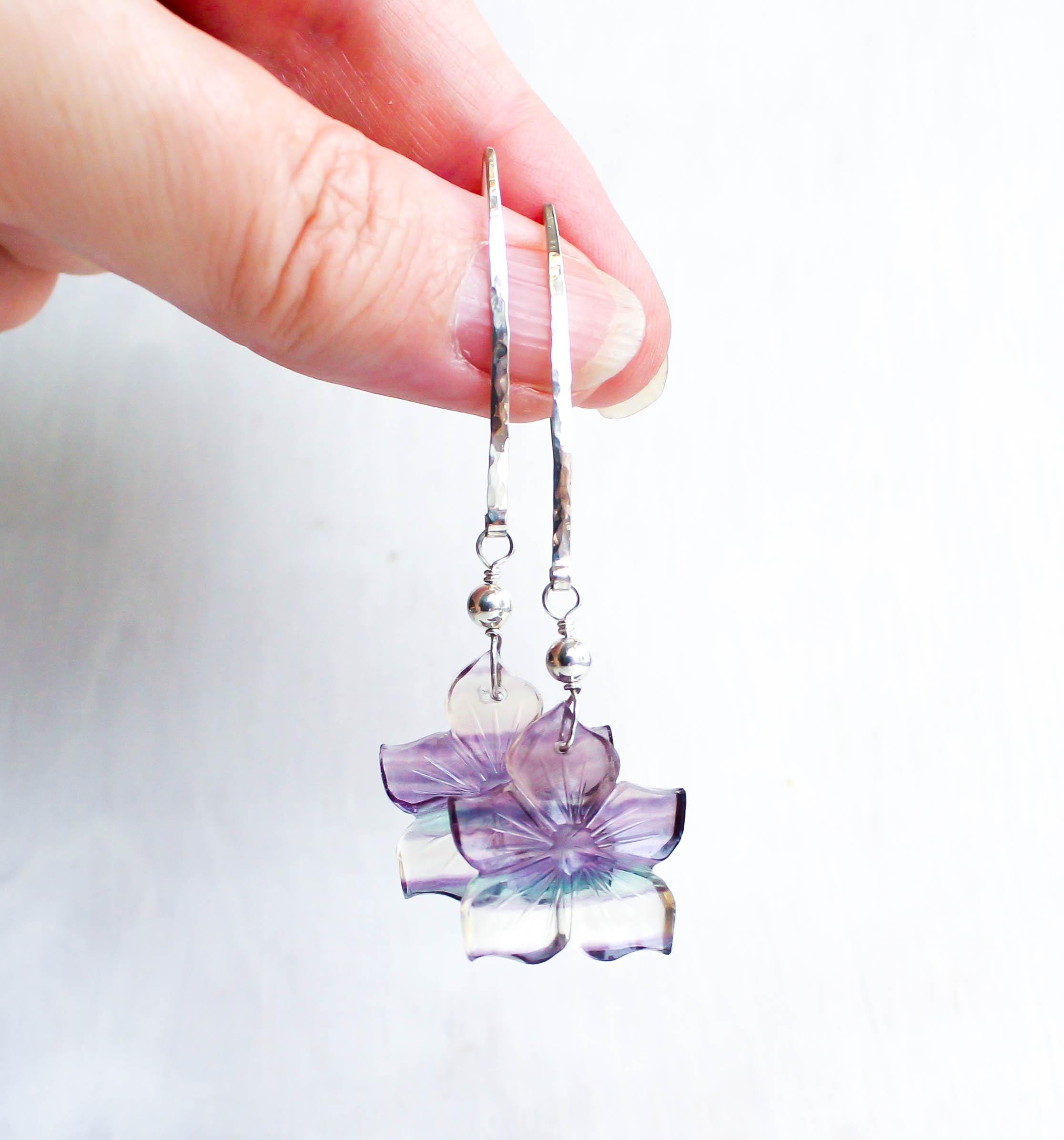 Fluorite Flower Earrings In Sterling Silver, Pisces Crystal For Spiritual Renewal, Third Eye Chakra