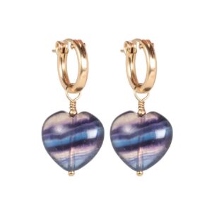 Fluorite Heart Hoop Earrings – Gold Filled Hoops, Purple Green Gemstone Earrings, Dainty Statement Jewelry