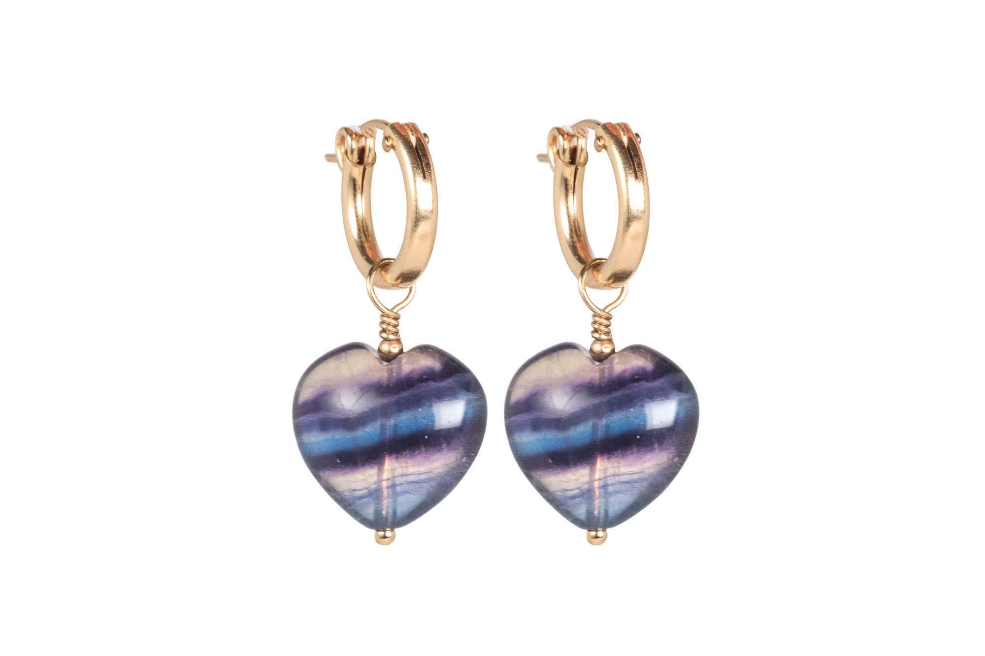 Fluorite Heart Hoop Earrings – Gold Filled Hoops, Purple Green Gemstone Earrings, Dainty Statement Jewelry Fluorite Heart Hoop Earrings – Gold Filled Hoops, Purple Green Gemstone Earrings, Dainty Statement Jewelry
