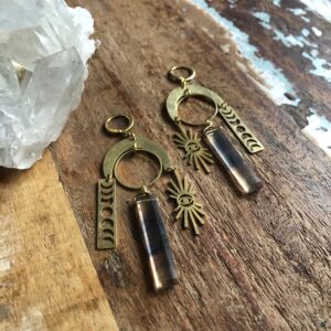 Hammered Brass Celestial Earrings With Fluorite