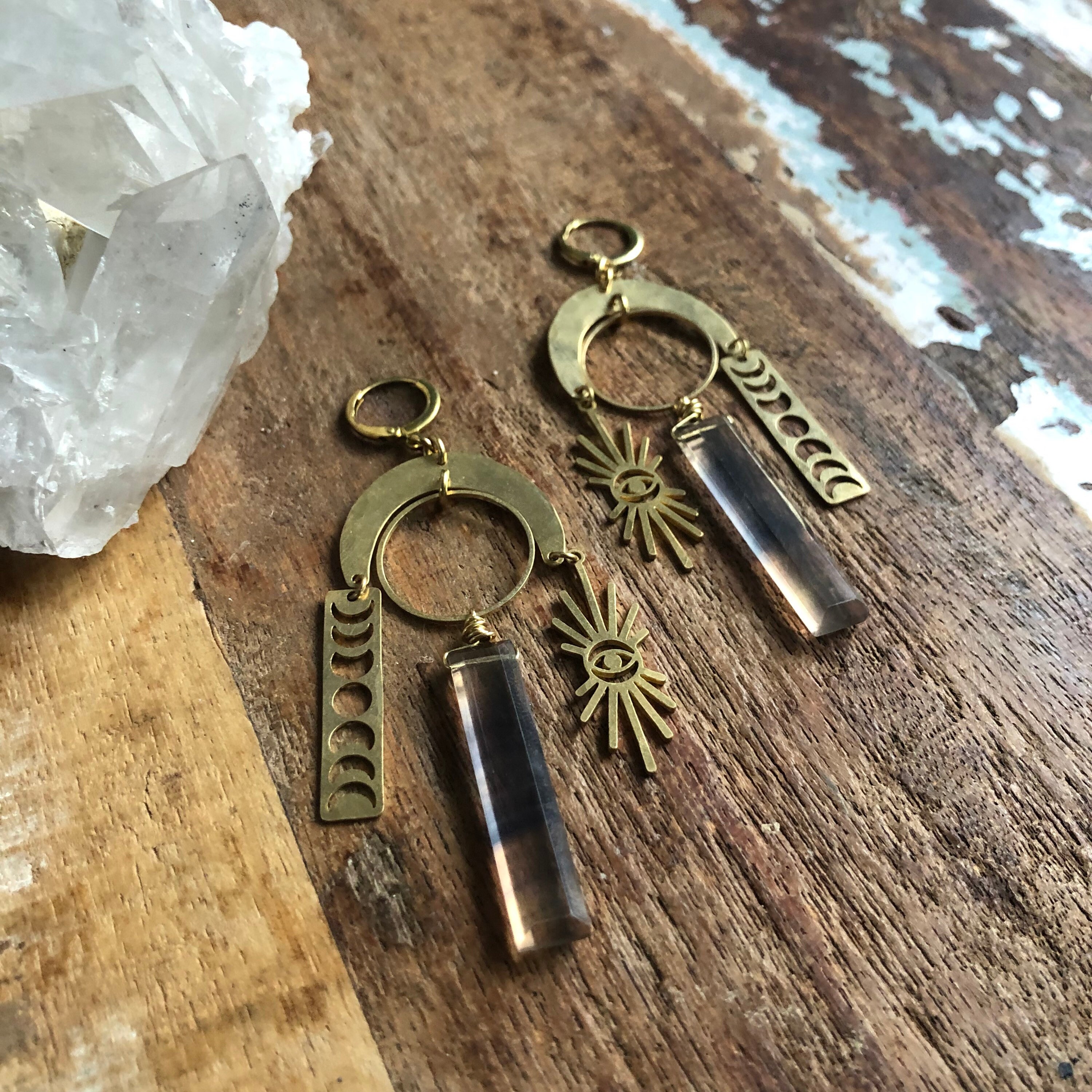 Hammered Brass Celestial Earrings With Fluorite Hammered Brass Celestial Earrings With Fluorite