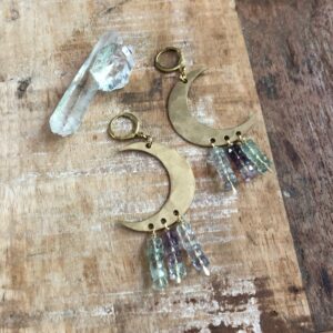 Hammered Brass Crescent Moon Earrings With Fluorite
