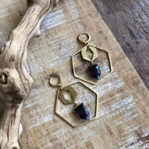 Hammered Brass Hexagon Earrings With Fluorite