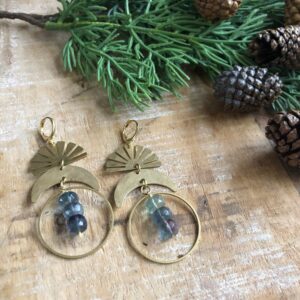 Hammered Brass Moon And Sun Earrings With Fluorite