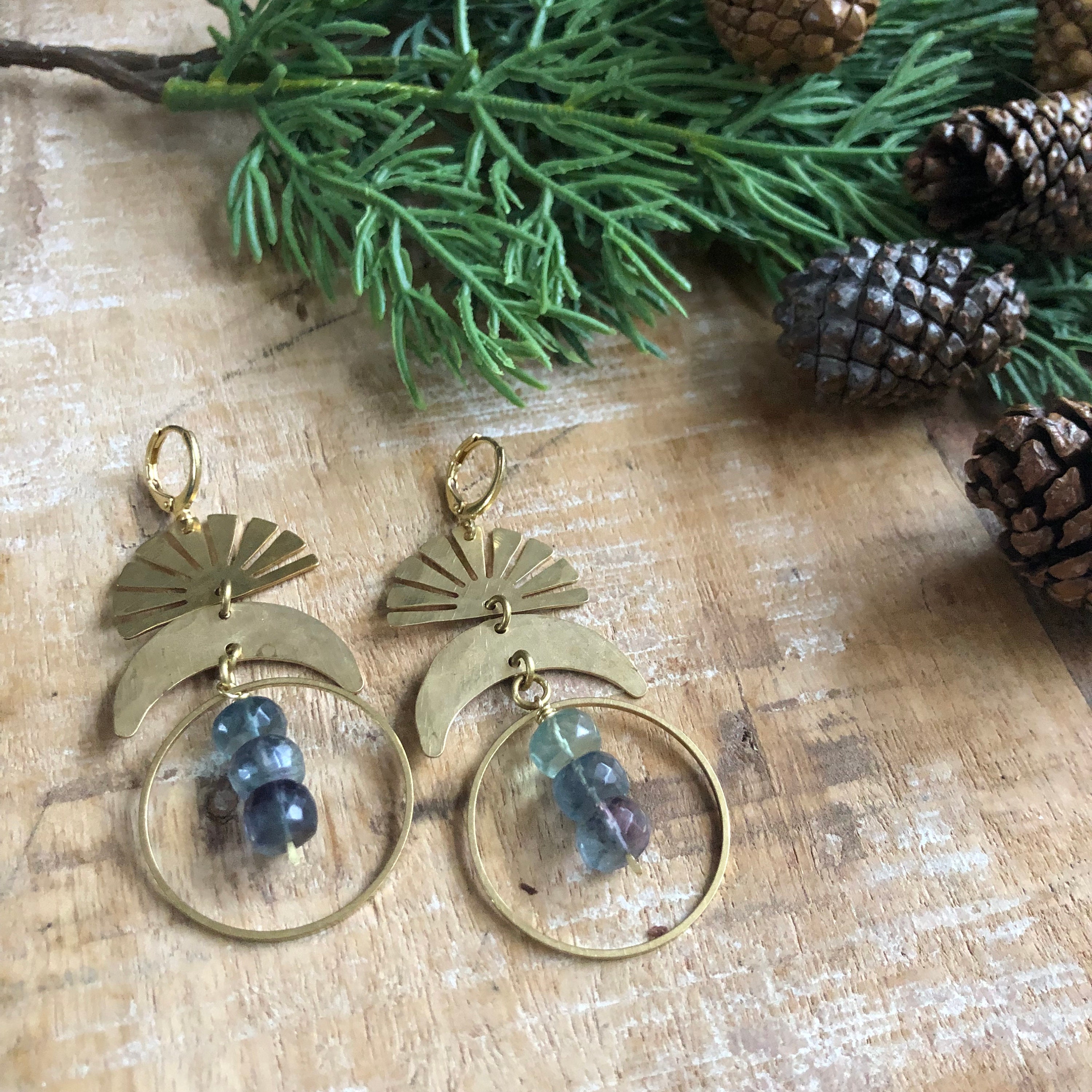 Hammered Brass Moon And Sun Earrings With Fluorite