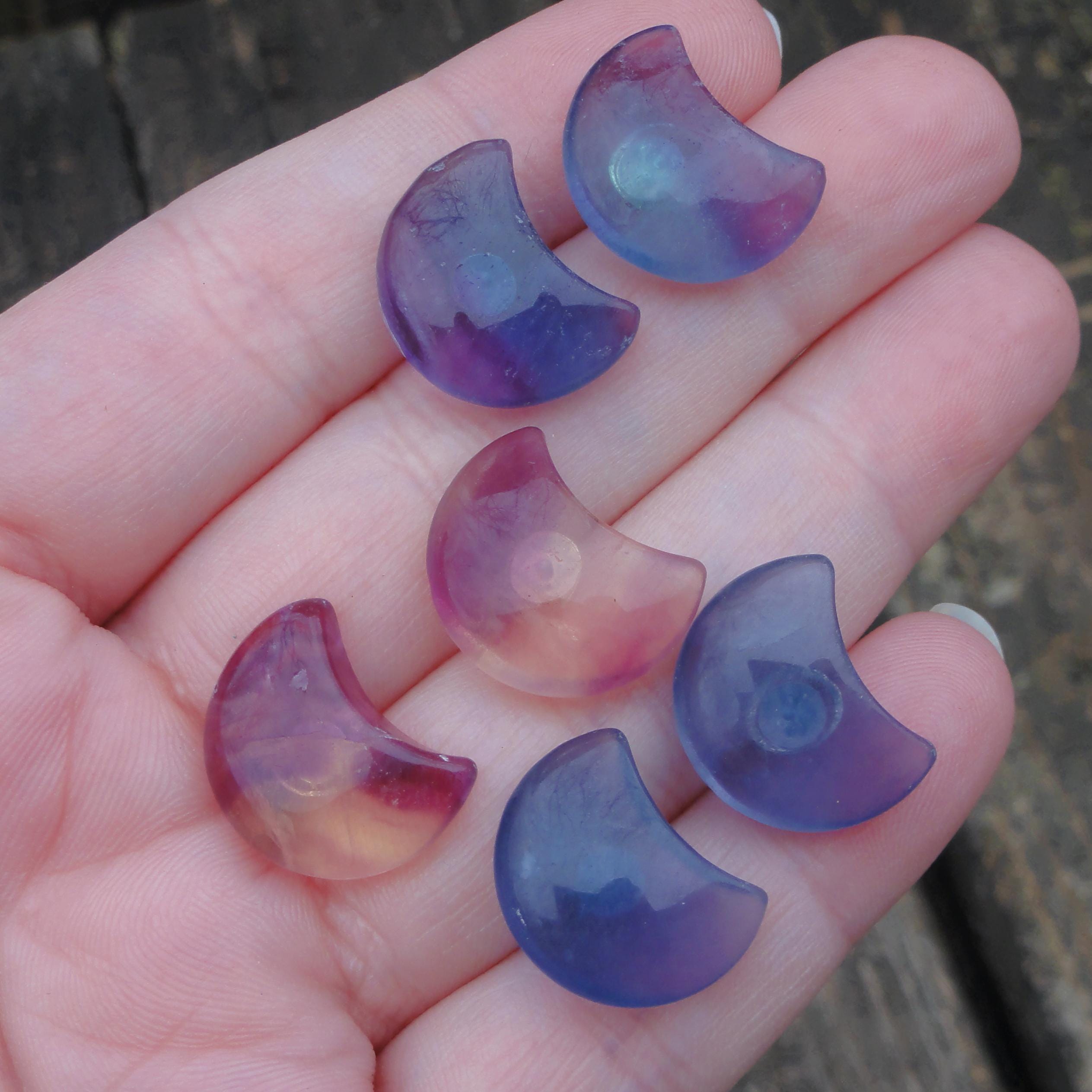 Fluorite Moon Earrings: Sterling Silver Studs, Carved Gemstone