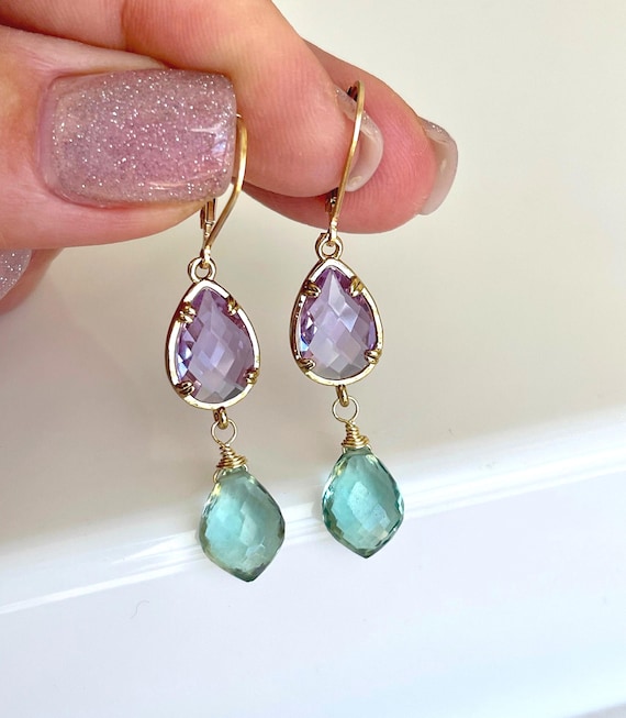 Pink Amethyst And Fluorite Earrings, Lavender And Green Statement Earrings In Gold, February Birthstone, Elegant Green And Purple Gift