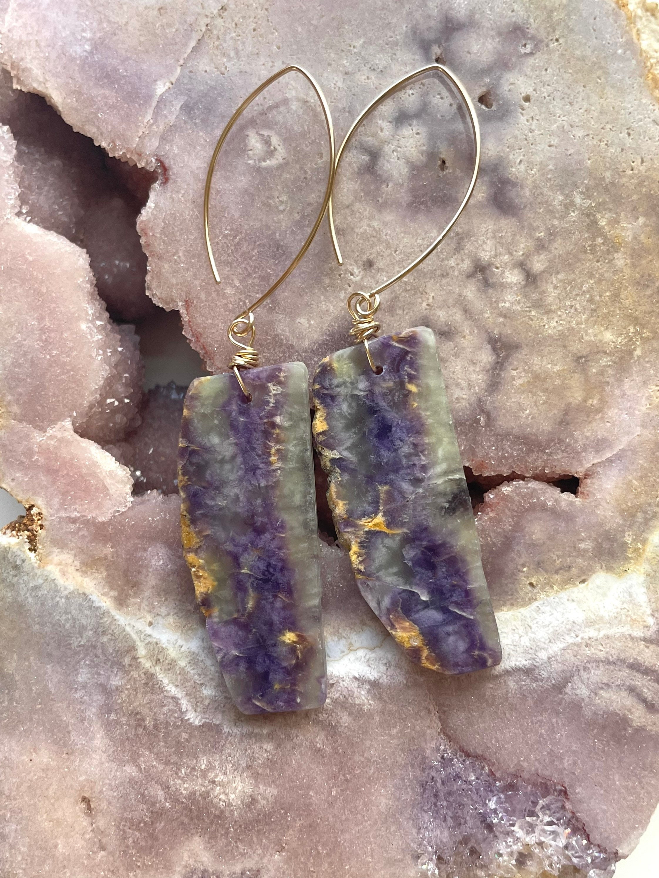 Purple Fluorite Earrings: Bohemian Gold Filled Statement Drop Earrings Purple Fluorite Earrings: Bohemian Gold Filled Statement Drop Earrings