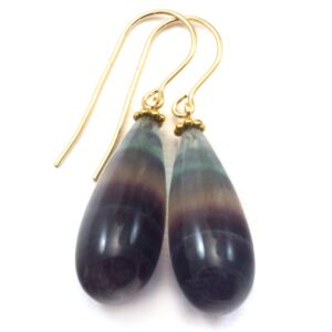 Fluorite Earrings Smooth Teardrop 14k solid gold or filled or sterling silver Natural Flourite Fat Round Drop Striped Teal Purple Beaded