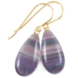 Fluorite Earrings Smooth Teardrop 14k solid gold or filled or Sterling silver Flourite Natural Purple Lavender Teal Striped Curved Cut Drops