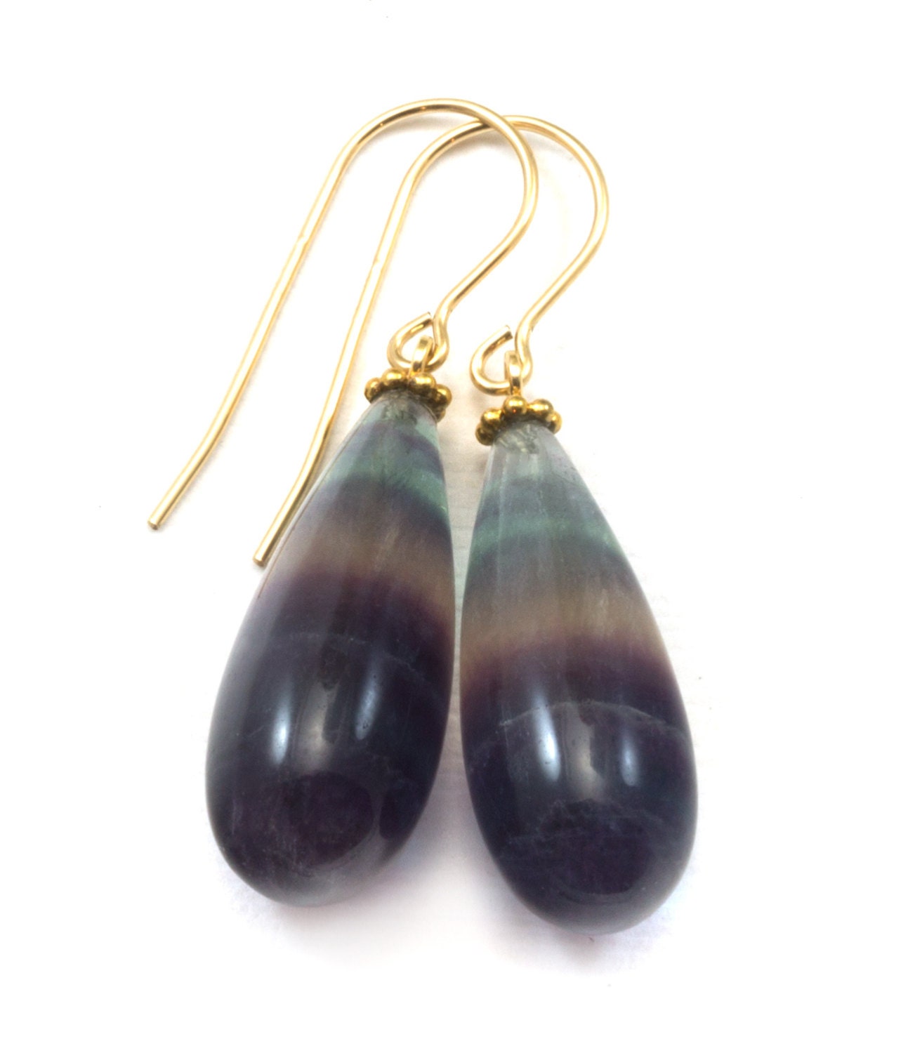 Fluorite Earrings Smooth Teardrop 14k Solid Gold Or Filled Or Sterling Silver Natural Flourite Fat Round Drop Striped Teal Purple Beaded