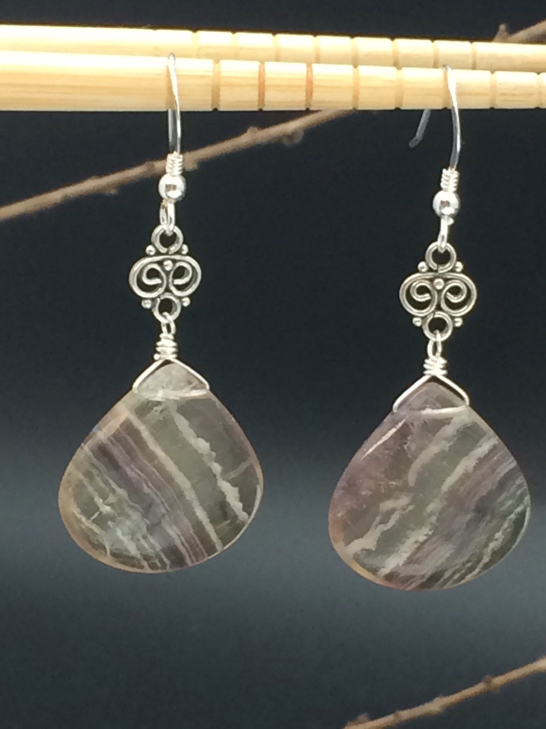 Fluorite Earrings, Sterling Silver Wire Wrapped Dangles