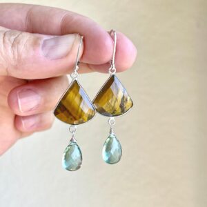 Tiger's Eye and Fluorite Statement Earrings, Brown and Green Elongated Earrings in Silver, Large Gemstone Drop Earrings, Boho Gift for her