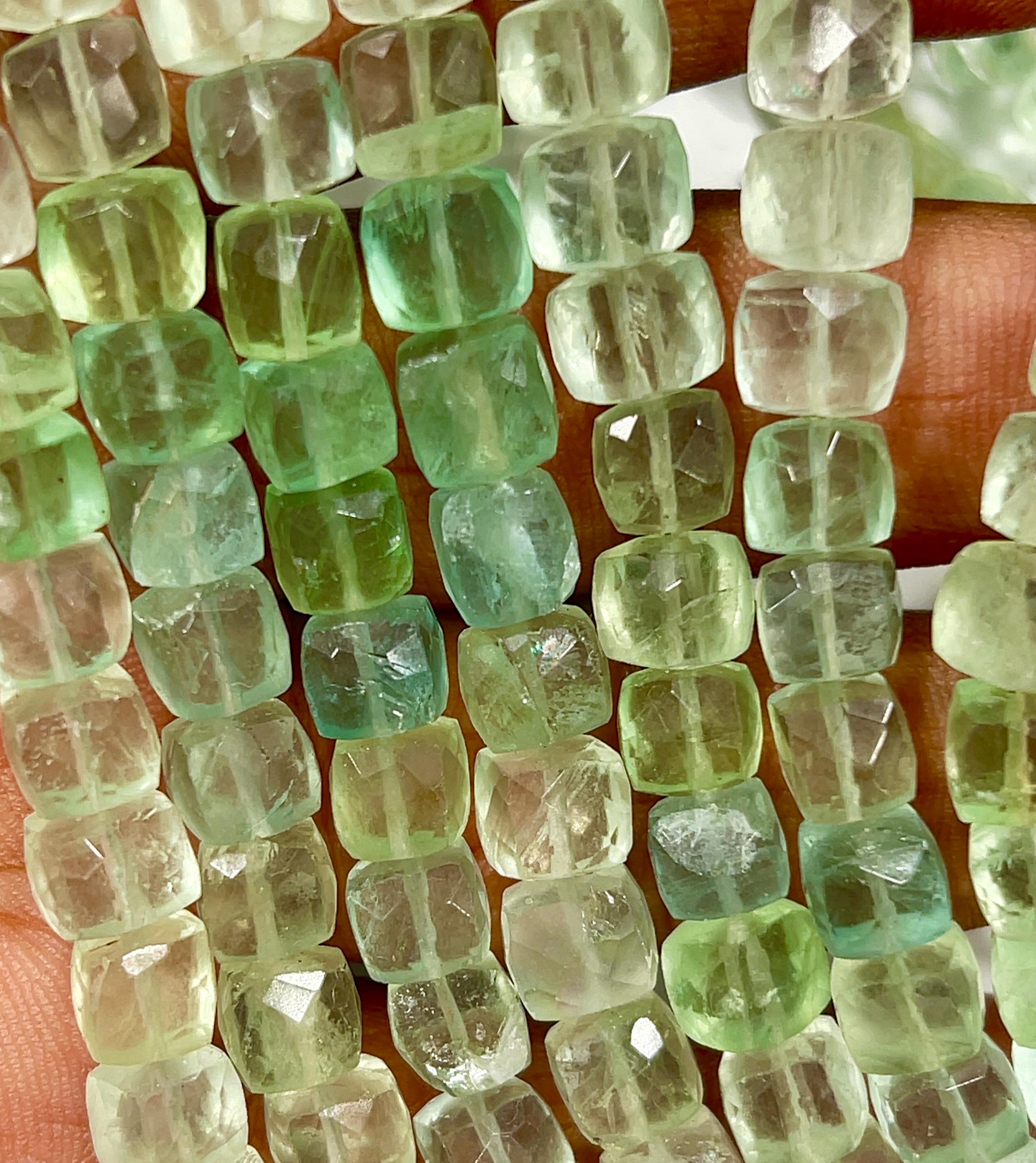 Green Fluorite Gemstone Beads: 8" Strand Faceted Box Shape (7-8mm)