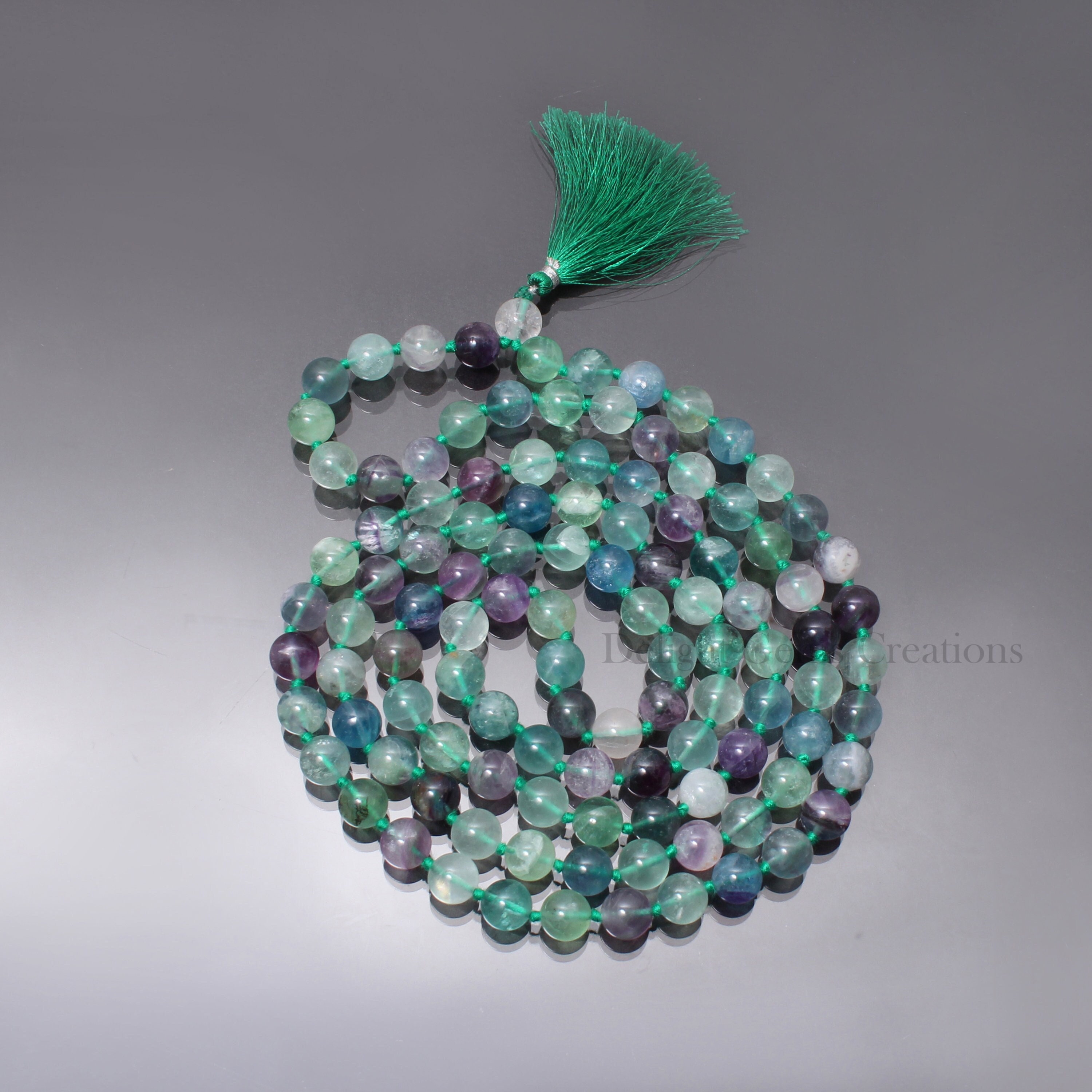 Fluorite 108 Bead Mala Necklace, Tassel, Handmade, 50 Inch