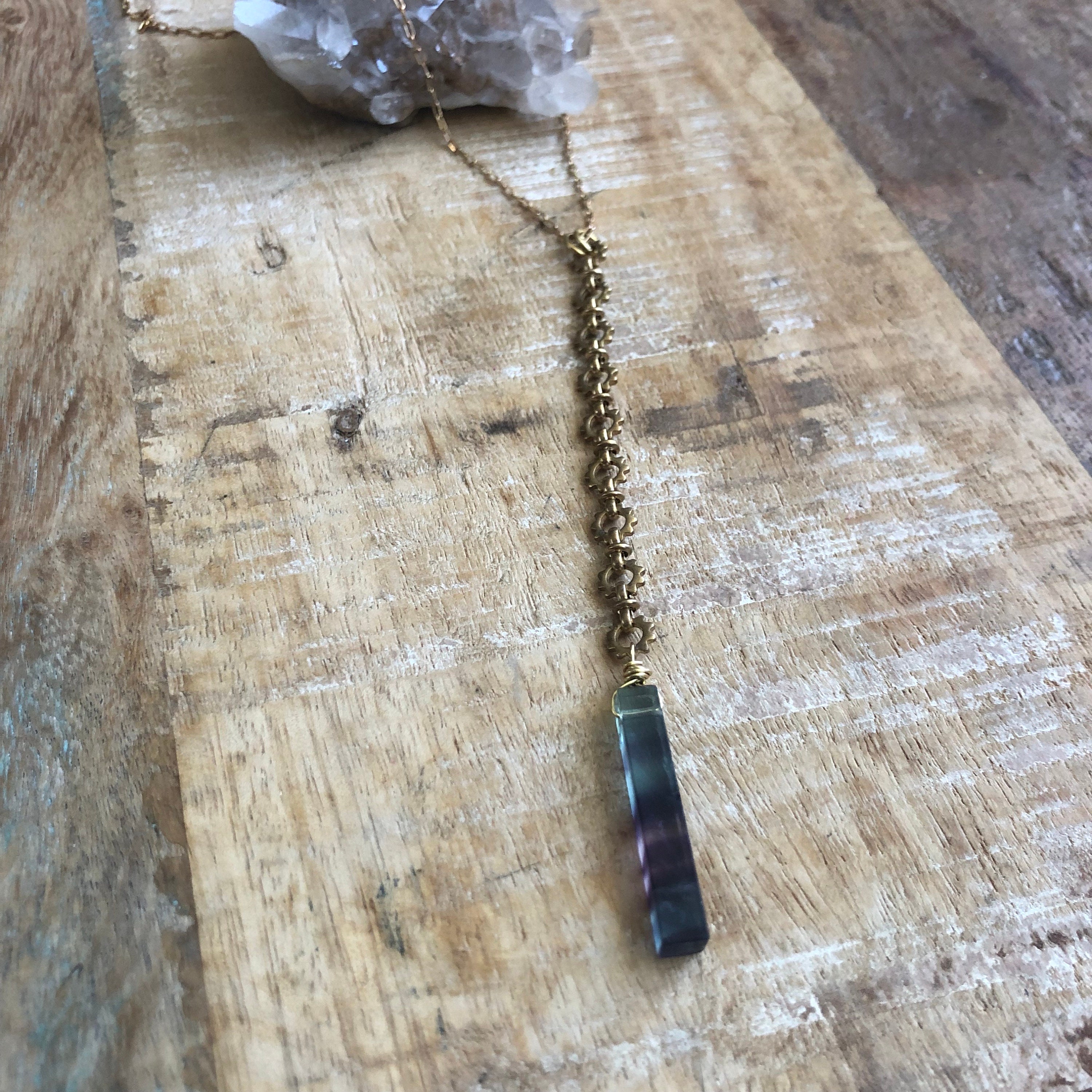 Fluorite And Vintage Brass Chain Y Necklace