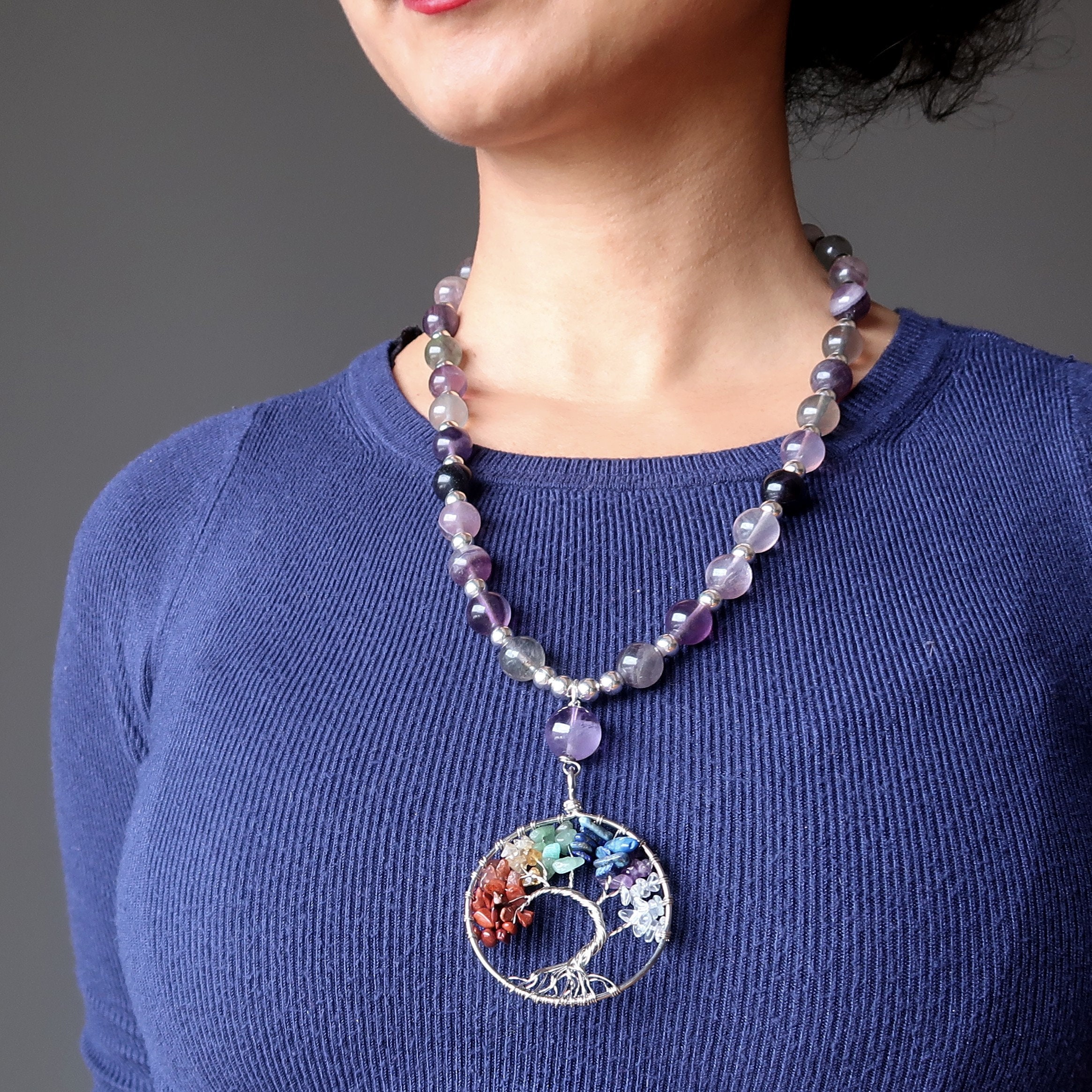 Fluorite Chakra Necklace Tree Of Life Rainbow Gemstones Chunky Statement Jewel
