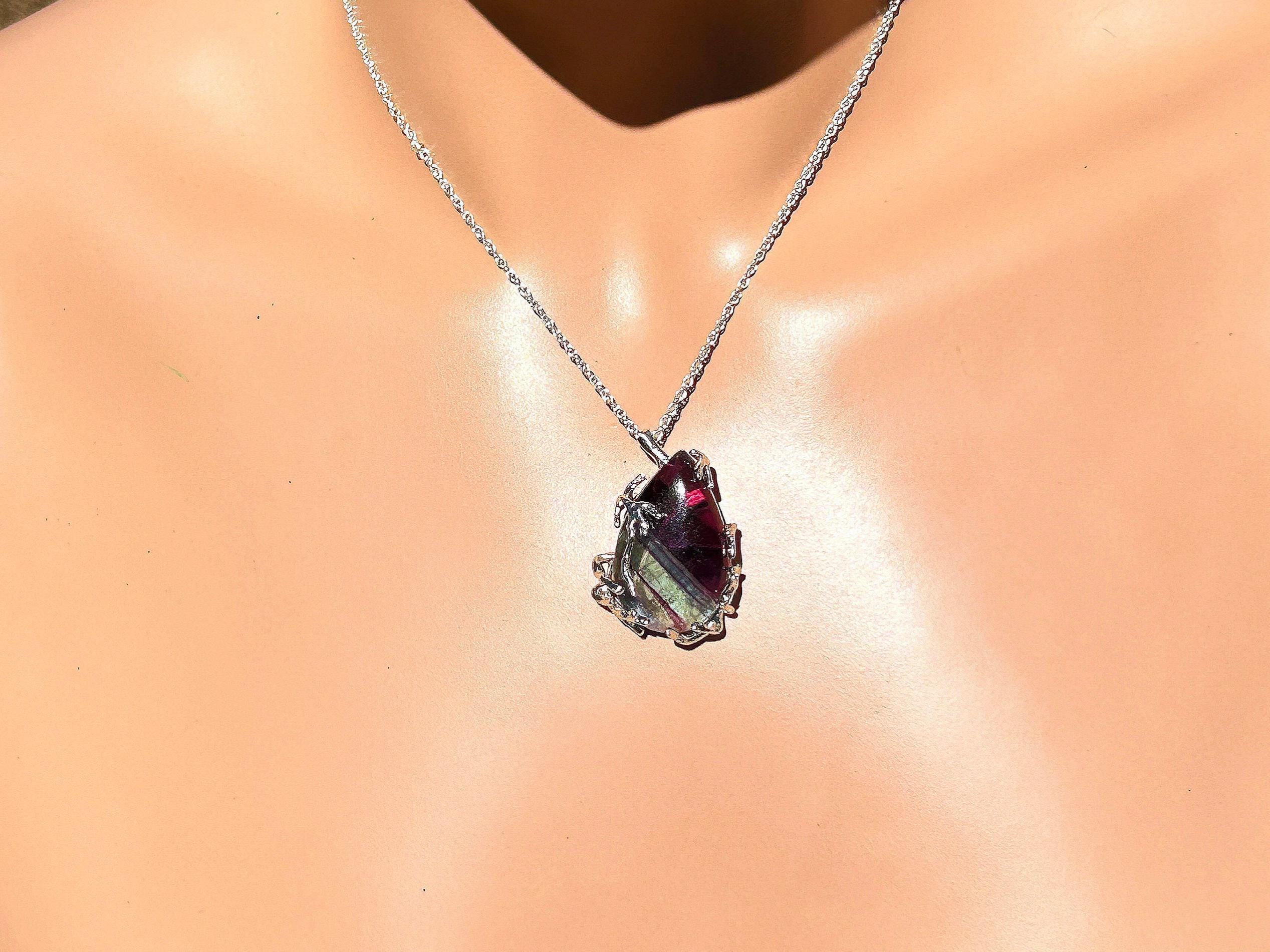 Fluorite Necklace / Clear Purple To Green / Sterling Silver / Dangle 1 3/16 Inch / Large 30.15 Cts 25.67 Mm Long 17 Mm Wide Natural Fluorite
