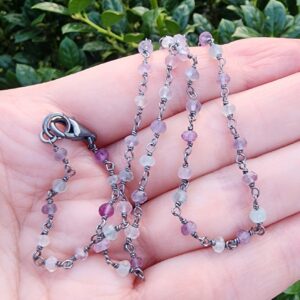 Fluorite Gemstone Choker Necklace Oxidized Sterling Silver, Purple and Green Dainty Beaded Necklace, Rosary Chain Necklace, 16 Inch Necklace