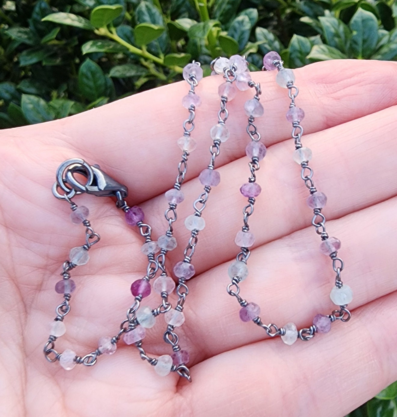 Fluorite Gemstone Choker Necklace Oxidized Sterling Silver, Purple And Green Dainty Beaded Necklace, Rosary Chain Necklace, 16 Inch Necklace Fluorite Gemstone Choker Necklace Oxidized Sterling Silver, Purple And Green Dainty Beaded Necklace, Rosary Chain Necklace, 16 Inch Necklace