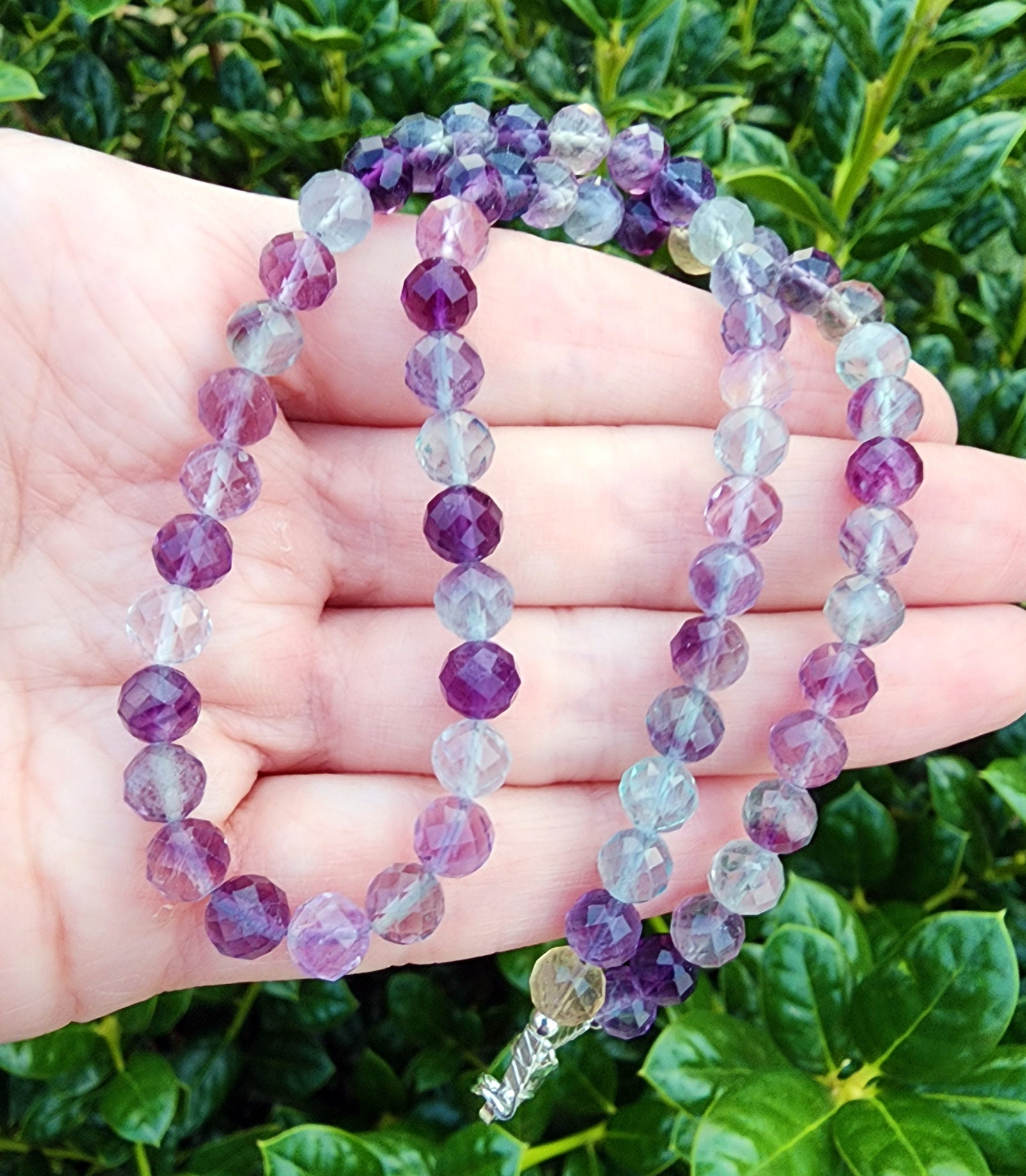 Fluorite Gemstone Necklace Sterling Silver, 6mm Faceted Round Gemstone Necklace, 17 Inch Purple And Green Handmade Gemstone Necklace