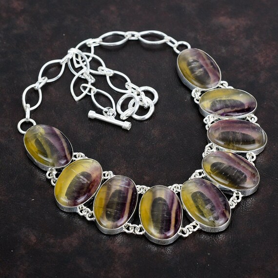 Handmade 925 Sterling Silver Multi Fluorite Necklace - Adjustable Chain