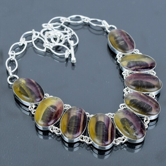 Handmade Multi Fluorite Necklace: 925 Sterling Silver, Adjustable Chain
