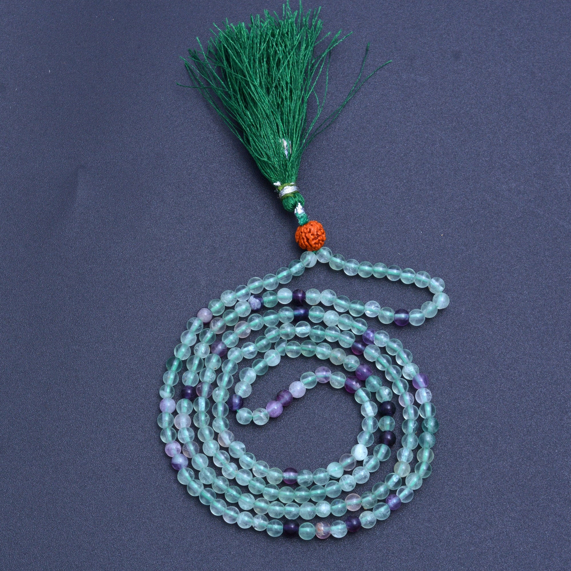 Fluorite Mala Necklace, Green Tassel, 4mm Beads, Handmade