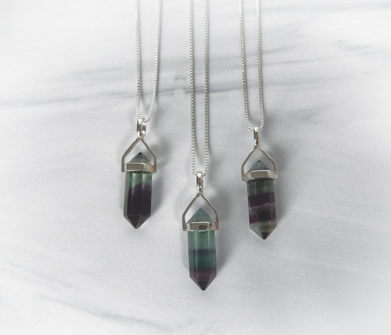 Mix Fluorite Gemstone Necklace • Genuine Multi Fluorite Point Sterling Silver • Small Mixed Fluorite Point • Sterling Silver Gemstone Point