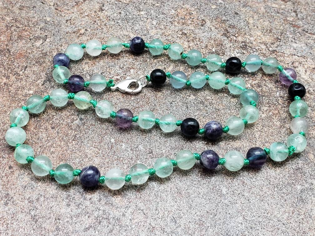 Mixed Fluorite Hand Knotted Necklace With  Lobster Claw Clasp
