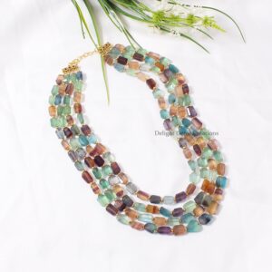 Multi Color Fluorite Tumbled Beaded Necklace, 8x12-10x14 Mm Fluorite Laser Cut Tumbled Gemstone Beads, 4 Layer Fluorite Jewelry