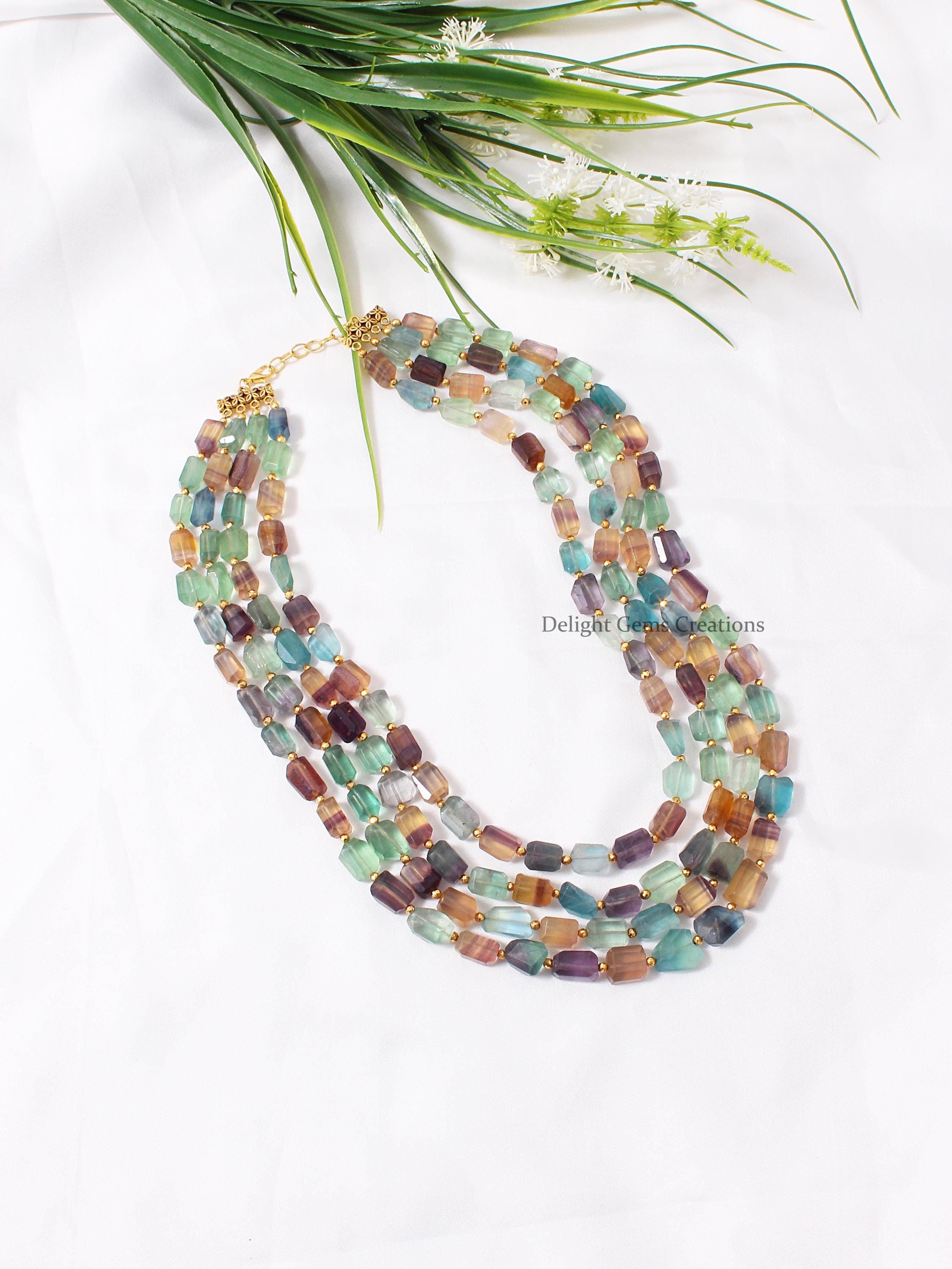 Multi Color Fluorite Tumbled Beaded Necklace, 8x12-10x14 Mm Fluorite Laser Cut Tumbled Gemstone Beads, 4 Layer Fluorite Jewelry