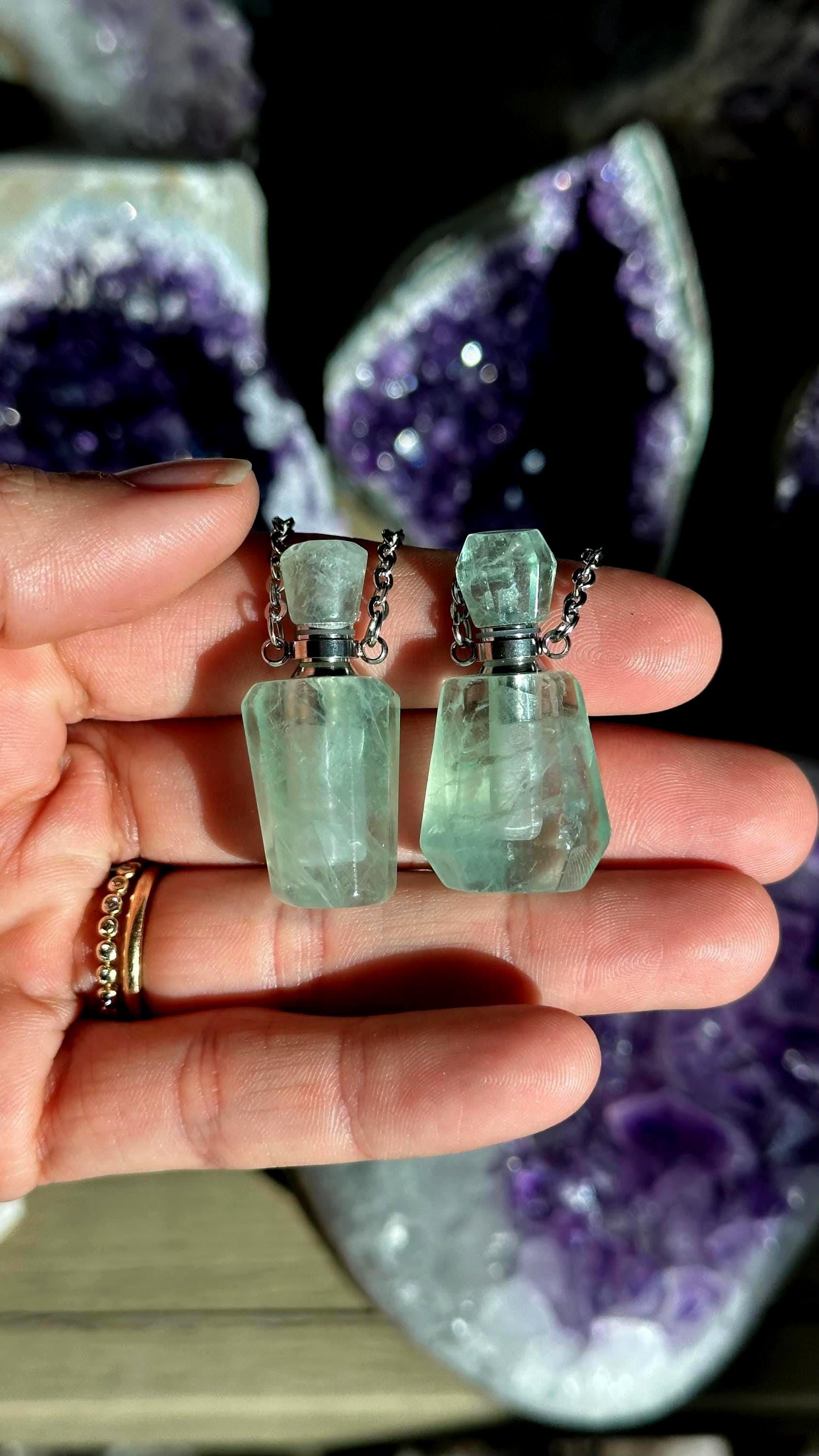 Fluorite Perfume Bottle Necklace, Stainless Steel Chain
