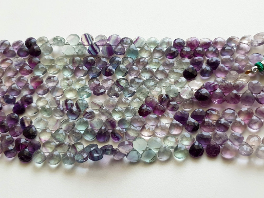 7mm Multi Fluorite Faceted Heart Beads, Fluorite Beads, Faceted Heart Briolette Beads For Jewelry (3.5in To 7.5in Options) - Aag51