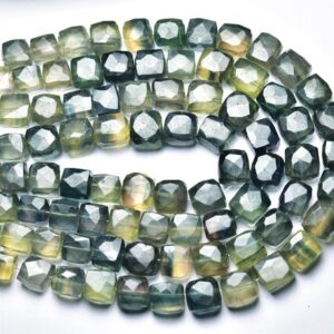 Beautiful Bi Green Fluorite Cube Beads - 7.5 Inches - Natural Faceted Fluorite Box Cubes Beads - Size Is 7 -8mm #2279