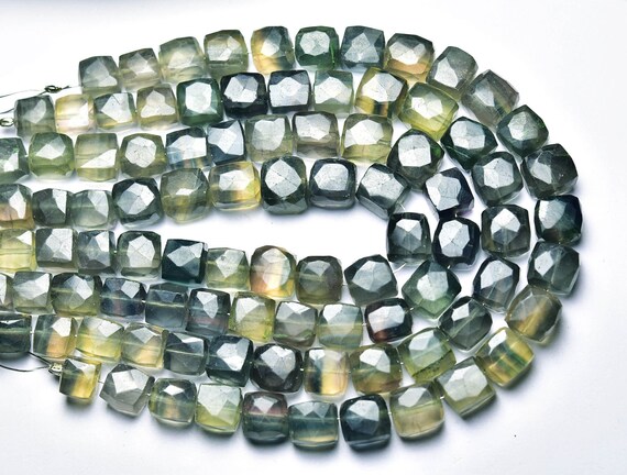 Beautiful Bi Green Fluorite Cube Beads - 7.5 Inches - Natural Faceted Fluorite Box Cubes Beads - Size Is 7 -8mm #2279