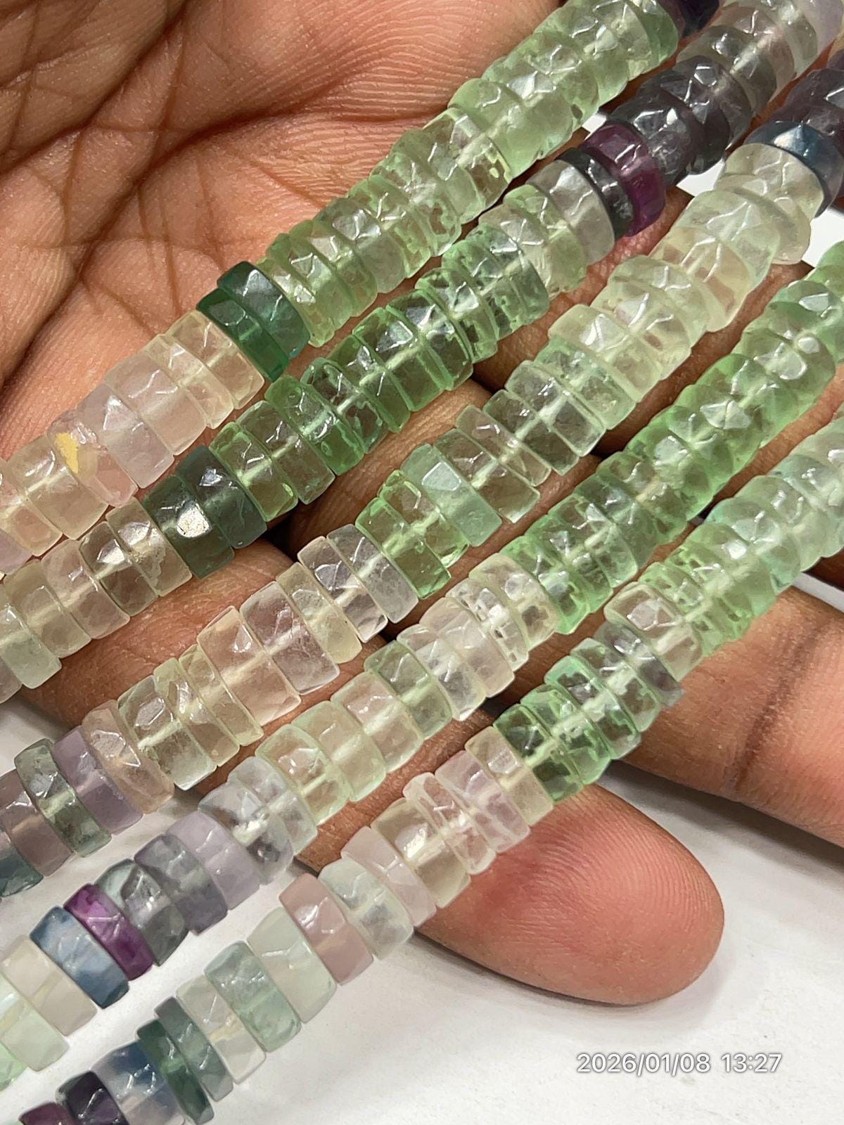 Natural Multi Fluorite Faceted Heishi Beads, Tyre Shape, 6-7mm, 8-inch Strand, Gemstone Jewelry Beads
