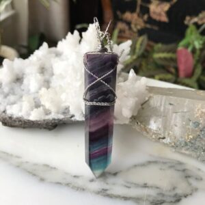 Fluorite Crystal Point Pendant - Stainless Steel Wire Wrapped Fluorite Crystal Point Pendant - Natural Healing Jewelry