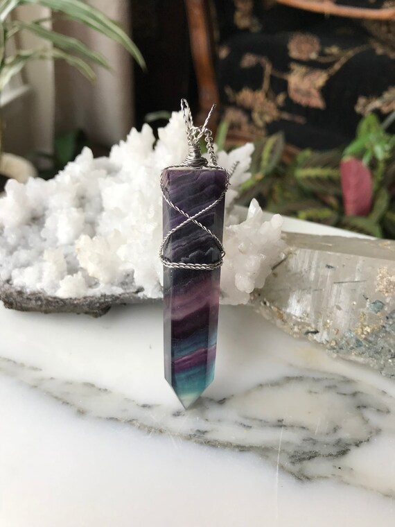 Fluorite Crystal Point Pendant - Stainless Steel Wire Wrapped Fluorite Crystal Point Pendant - Natural Healing Jewelry
