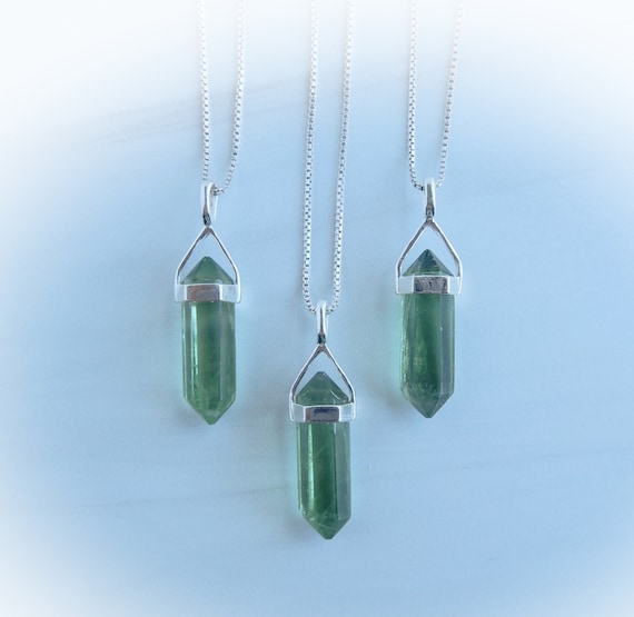 Green Fluorite Gemstone Necklace Sterling Silver • Genuine Green Fluorite • Green Fluorite Point • Sterling Green Fluorite Pendant