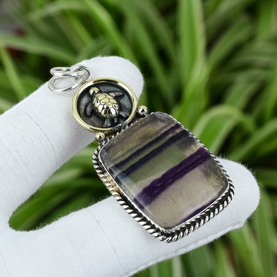 Handmade Multi Fluorite Pendant: Sterling Silver Tortoise Jewelry