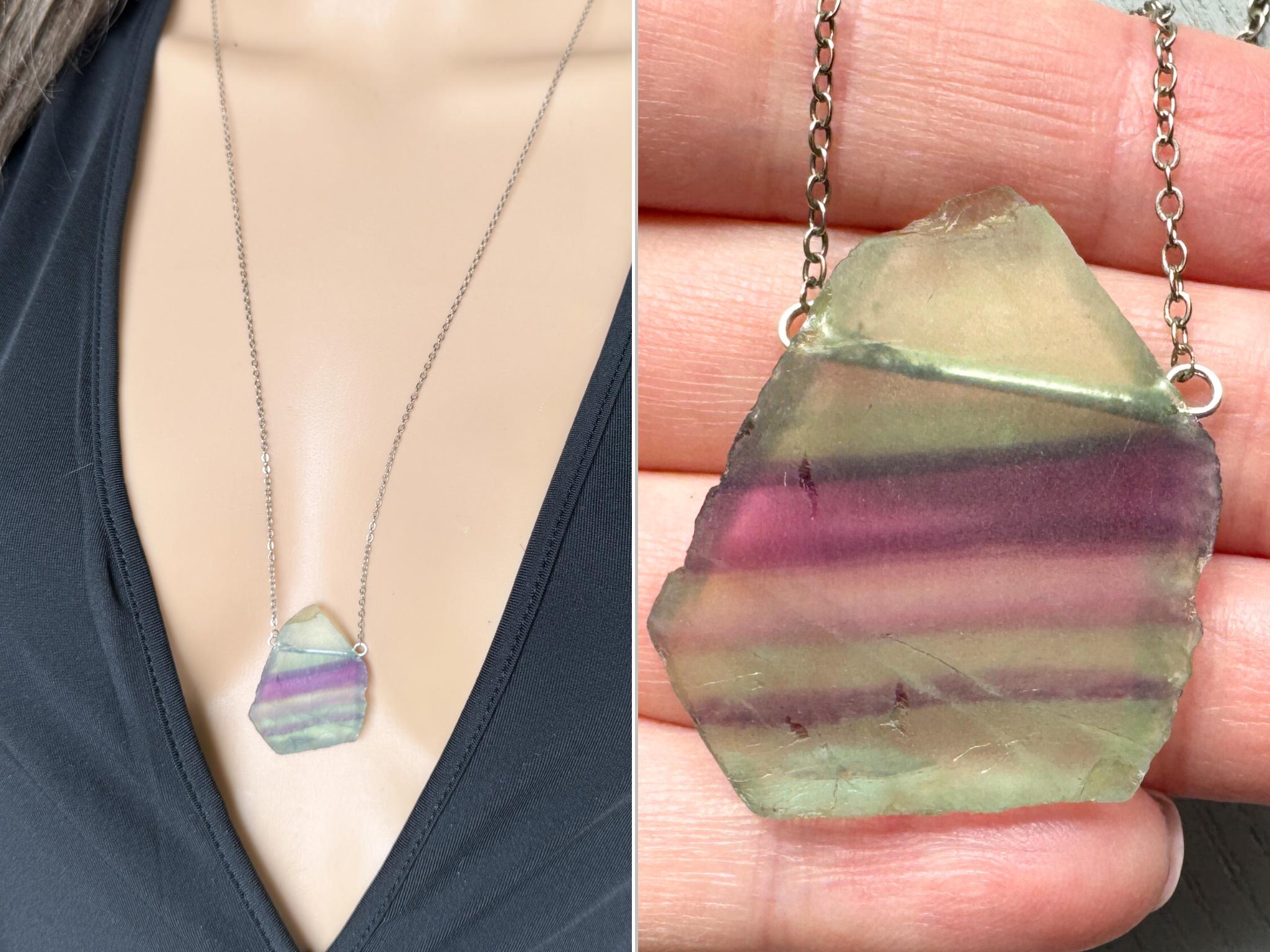 Fluorite Pendant Necklace, Fluorite Crystal Necklace, Gold Or Silver Raw Crystal Necklace, Purple Crystal Necklace, Large Stone Actual Stone