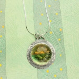 Fluorite Silver Necklace, Bi Color Green Gold Fluorite Cabochon Bezel Set Flower Pendant, Sterling Silver Chain